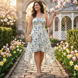 White House Black Market Geometric Strapless High Low Midi Dress Blue White 12